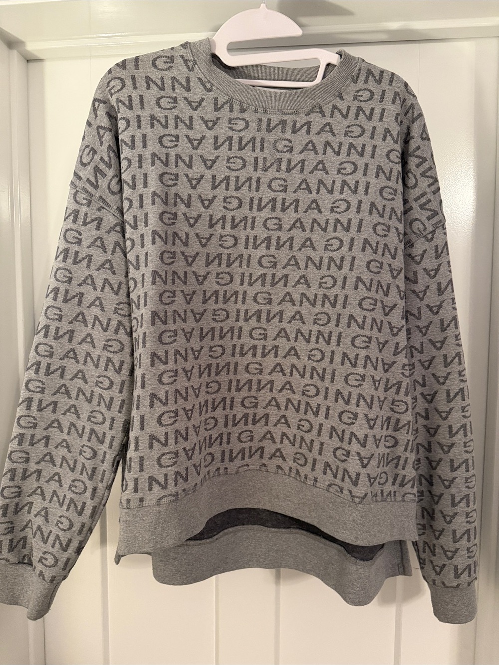 Ganni Gray All-Over Logo Crewneck Sweater